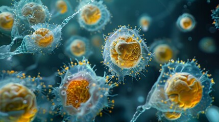 Microbial cells showcasing intricate structures under a microscope, highlighting the beauty of microscopic life forms.
