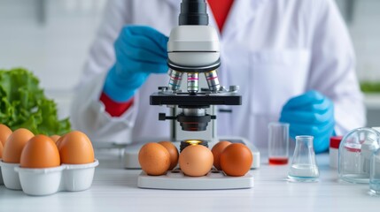 Scientist examining eggs under a microscope in a laboratory setting, showcasing food safety and quality control practices.