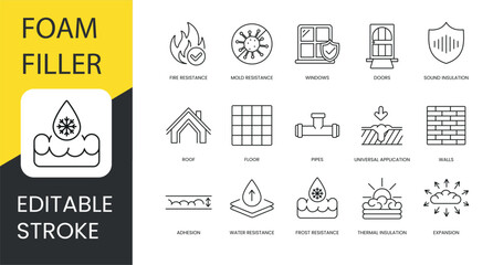 Polyurethane foam properties and places of application, vector line icon set with editable stroke, Adhesion and Water and Frost resistance, Doors and Sound insulation, Roof and Windows.