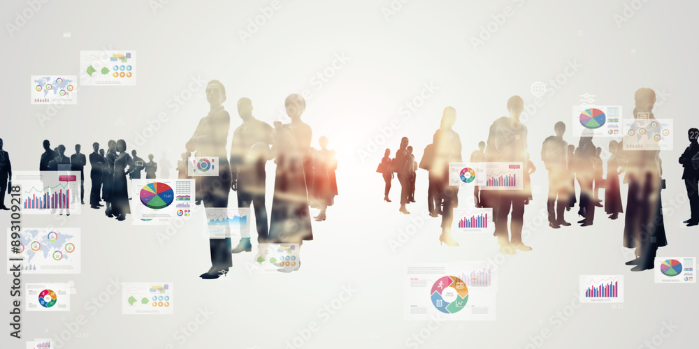Aufkleber Composited visual of group of multinational people and marketing data concept. Wide angle visual for banners or advertisements.