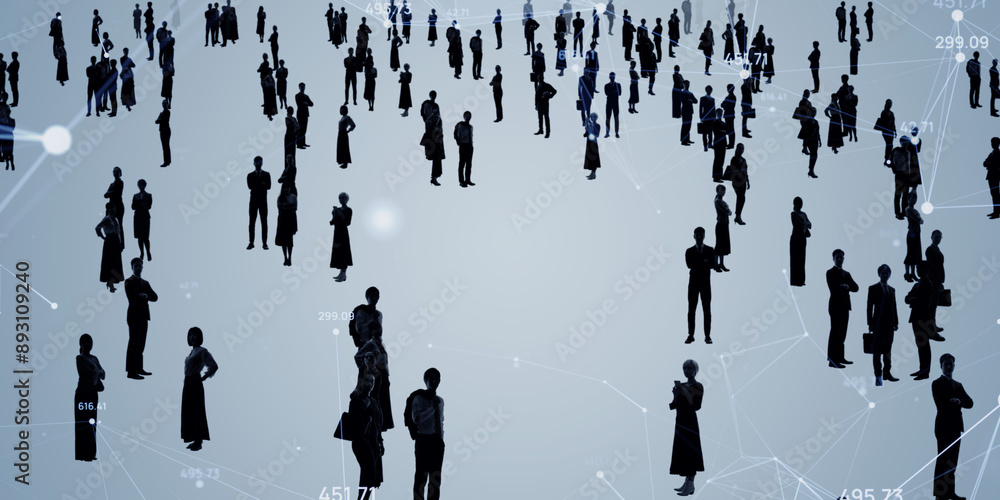 Poster composited visual of group of multinational people and communication network concept. wide angle vis