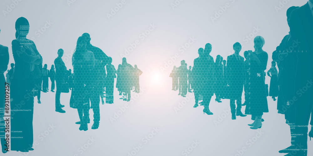 Poster composited visual of group of multinational people and digital technology concept. wide angle visual