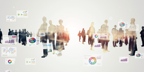 Composited visual of group of multinational people and marketing data concept. Wide angle visual...