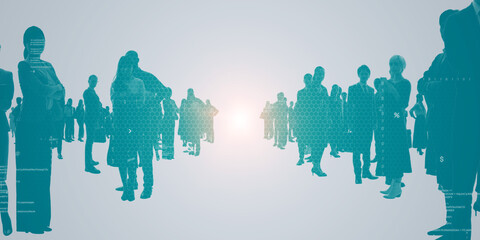 Composited visual of group of multinational people and digital technology concept. Wide angle...