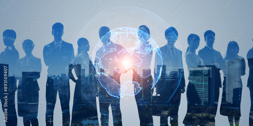 Poster Composited visual of group of multinational people and global communication network concept. Wide angle visual for banners or advertisements.