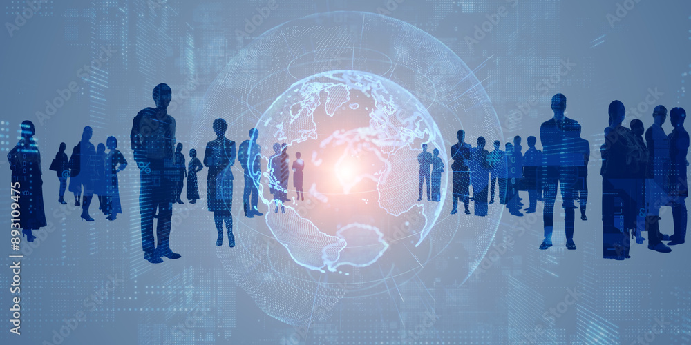 Poster Composited visual of group of multinational people and global communication network concept. Wide angle visual for banners or advertisements.