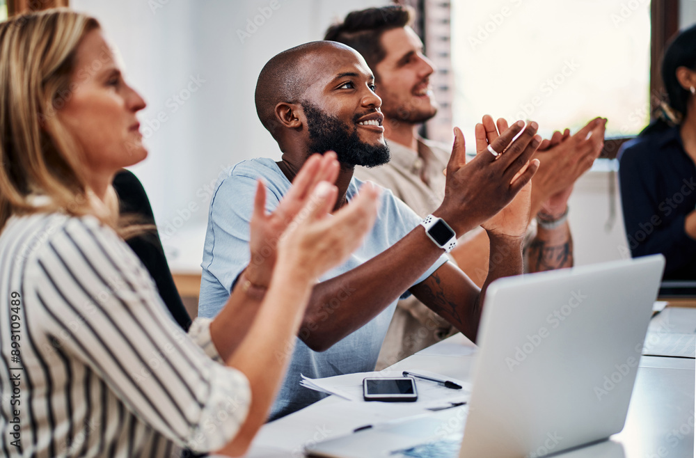 Poster Business people, laptop and clapping for office presentation, achievement and project management success. Diversity, teamwork and workshop news applause with technology for company growth or progress