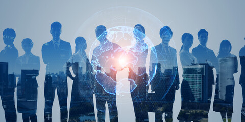 Composited visual of group of multinational people and global communication network concept. Wide...