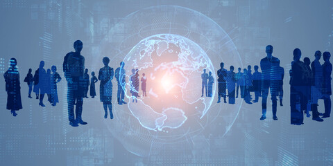 Composited visual of group of multinational people and global communication network concept. Wide...