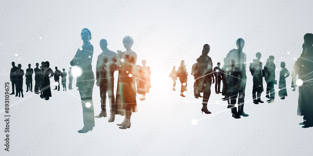 Aufkleber composited visual of group of multinational people and communication network concept. wide angle vis