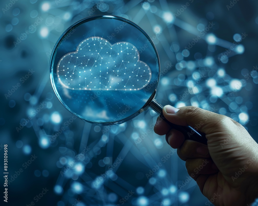 Aufkleber cloud technology icon magnified for secure data storage network with cybersecurity