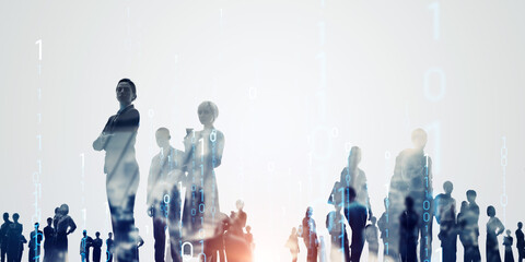 Composited visual of group of multinational people and digital technology concept. Wide angle...