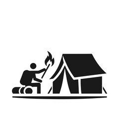 Clean black and white vector silhouette of a Camping logotype on white background