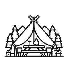 Clean black and white vector silhouette of a Camping logotype on white background