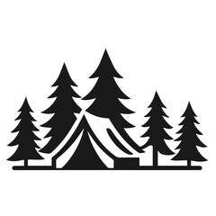 Clean black and white vector silhouette of a Camping logotype on white background