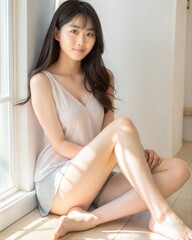 魅力的な日本人モデルの女の子の朝の写真撮影、広告製品