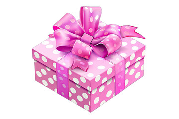 Obraz premium Vibrant polka dot pink gift box with a large ribbon bow, perfect for celebrations, birthdays, and special occasions.