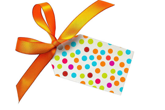 Vibrant, polka dot gift tag with an orange ribbon tied in a bow, perfect for celebrations, presents, and festive occasions.