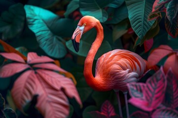 Obraz premium Vibrant Pink Flamingo Amidst Lush Tropical Foliage