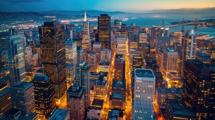 Aerial view of a city skyline at dusk.