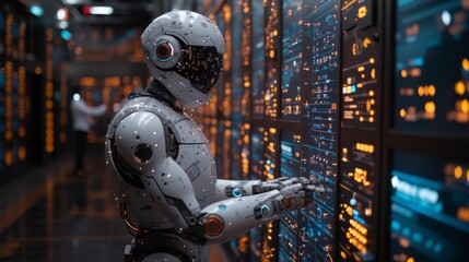 Fototapeta premium A Robot Is Standing In Front of a Wall With Lots of Buttons on It - Generative AI