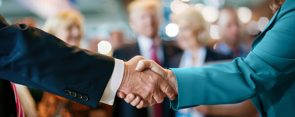 Political leaders at a Republican convention, shaking hands and