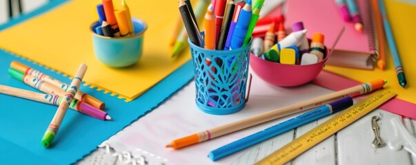 Bright and detailed photo of colorful school supplies on white, perfect for showcasing creativity.
