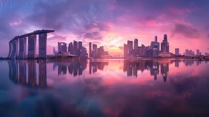Illustration of Singapore's panoramic skyline at sunrise in the morning. Ai generated image