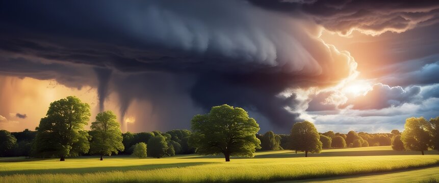Sunset in the fields as storm encroach, 2.4:1 aspect ratio, Nature illustration.