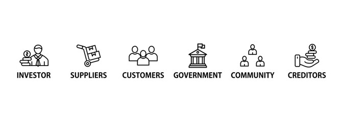 Stakeholder relationship banner web icon set vector illustration concept for stakeholder, investor, government, and creditors with icon of community, trade unions, suppliers, and customers