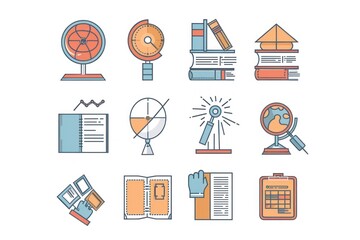 Education-themed lineal icon set in minimalist style on a pastel background.