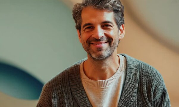 Medium shot portrait video of a happy Brazilian man in his 40s wearing a chic cardigan against an abstract background 