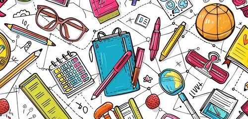 Colorful doodles of school items in a seamless pattern, vector illustration.