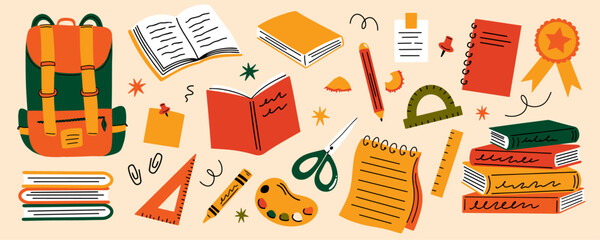 Back to school design concept elements set. Collection of stationery vector illustration in cartoon retro flat style, equipment for study, items, supplies for learning, books, backpack, ruler, pencils © WeirdyTales