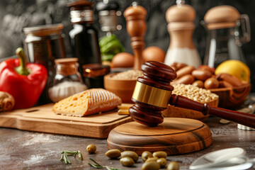 Consumer protection act concept.Gavel judge with food background