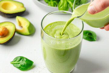 Fototapeta premium A hand pouring avocado juice into a glass, healthy drink food diet