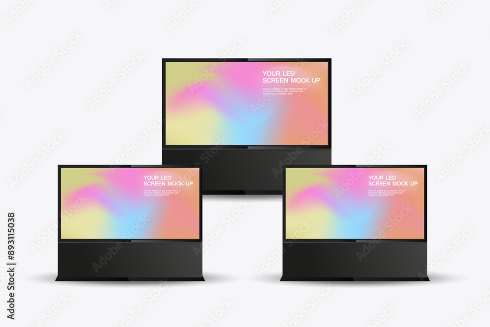 Poster Set of three realistic LED mock-up screen prominently displaying a gradient background. three screens is placed at the center.