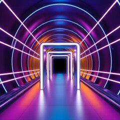 Red virtual abstract background space tunnel with neon line lights. Reality square portal arch tunnel. Spectrum vibrant colors laser show Gerenative AI