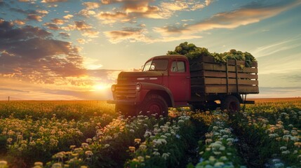 Vintage truck transporting produce in sunlit field at sunset, symbolizing food distribution