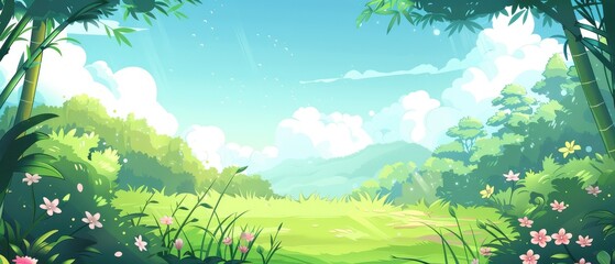 Fototapeta premium A Lush Green Forest Clearing Under a Bright Blue Sky