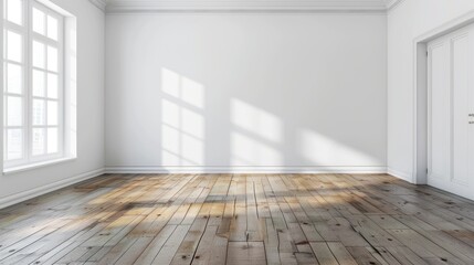 Illustration of a living room interior, with reflection of sunlight on a blank white wall. Ai generated image