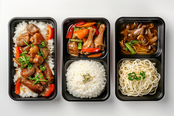 set of asian food bento on the black plate seafood, chicken and noodle with rice