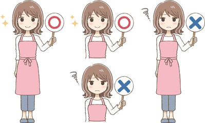 A Woman in an Apron Making a Check Mark and an X Mark