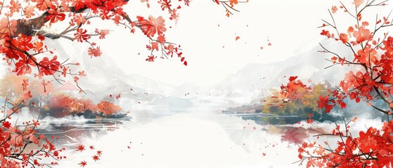 Red Flowers Blooming on Branches Over a Mountain Landscape