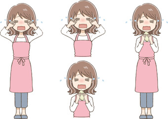 A Woman in an Apron Crying Profusely (Two Poses)