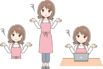 A Woman in an Apron with Both Hands Raised and an Exasperated Expression (Full Body, Upper Body, at a Computer)