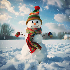 Obraz premium a snowman with a hat and scarf is standing in the snow.