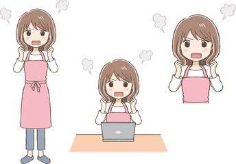 A Woman in an Apron Looking Angry (Full Body, Upper Body, at a Computer)