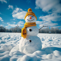 Obraz premium a snowman with a hat and scarf is standing in the snow.