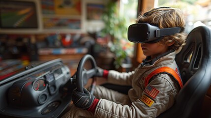 Obraz premium A Young Boy Wearing a Virtual Reality Headset Is Driving a Race Car in a Video Game - Generative AI